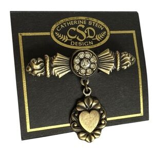 Vtg deadstock Catherine Stein Gold Brooch with Heart Pendant pin bar dainty